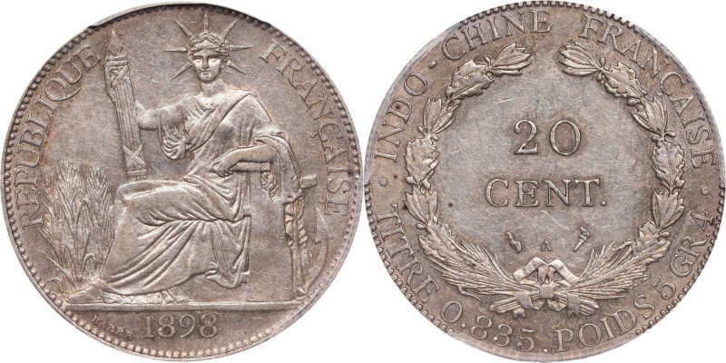 FRENCH INDO-CHINA. 20 Centimes, 1898-A. Paris Mint. PCGS AU-55.
KM-10; Lec-200....