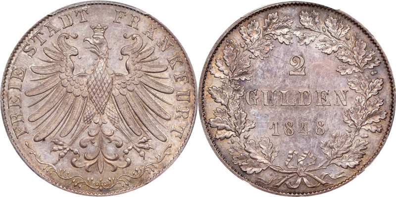 GERMANY. Frankfurt. 2 Gulden, 1848. Frankfurt Mint. Free City. PCGS MS-63.
Dav-...