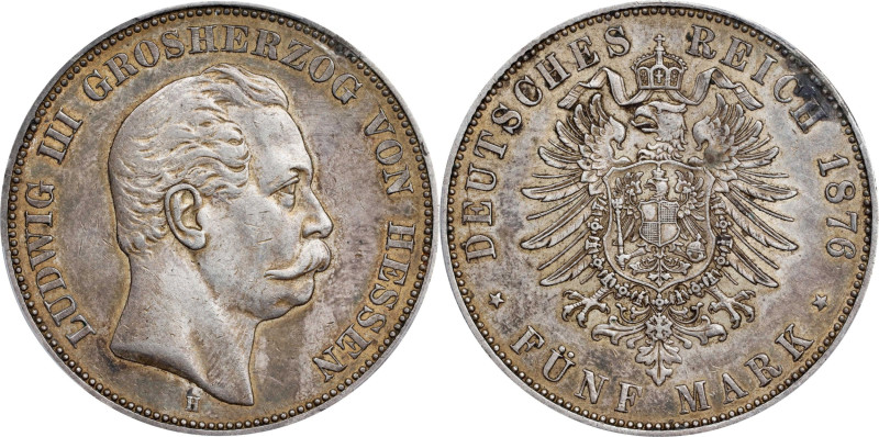 GERMANY. Hesse-Darmstadt. 5 Mark, 1876-H. Darmstadt Mint. Ludwig III. PCGS AU-50...