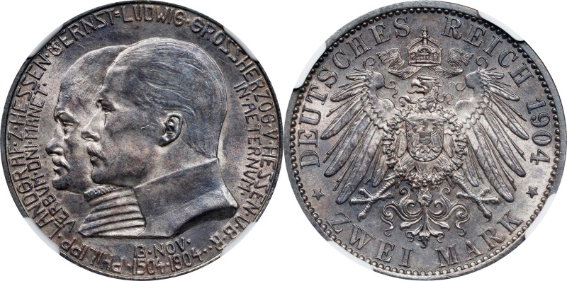 GERMANY. Hesse-Darmstadt. 2 Mark, 1904. Darmstadt Mint. Ernst Ludwig. NGC MS-63....