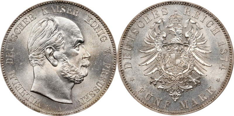 GERMANY. Prussia. 5 Mark, 1874-A. Berlin Mint. Wilhelm I. PCGS MS-63.
Dav-786; ...