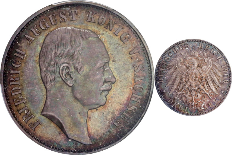 GERMANY. Saxony. 3 Mark, 1908-E. Muldenhutten Mint. Fredrich August II. PCGS MS-...