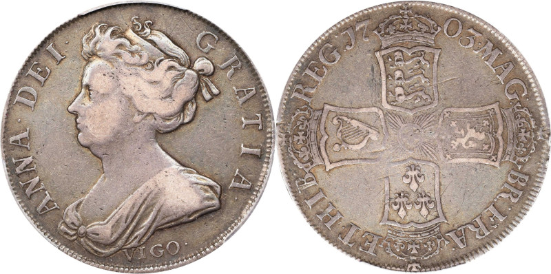 GREAT BRITAIN. 1/2 Crown, 1703 Year TERTIO. London Mint. Anne. PCGS Genuine--Too...