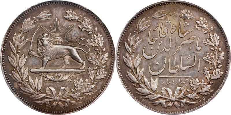 IRAN. 5000 Dinars, AH1296 (1880). Tehran Mint. Nasir al-Din Shah. PCGS AU-55.
K...