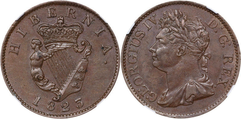 IRELAND. 1/2 Penny, 1823. London Mint. George IV. NGC AU-58.
S-6624; KM-150. On...