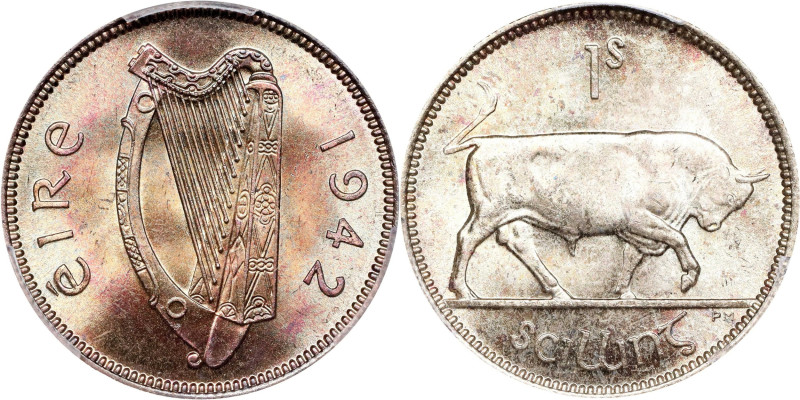 IRELAND. Shilling, 1942. London Mint. PCGS MS-65.
KM-14. Vivid mint luster high...