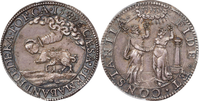 SPANISH NETHERLANDS. Silver Jeton, 1596. Dordrecht Mint. Philip II. PCGS MS-62....