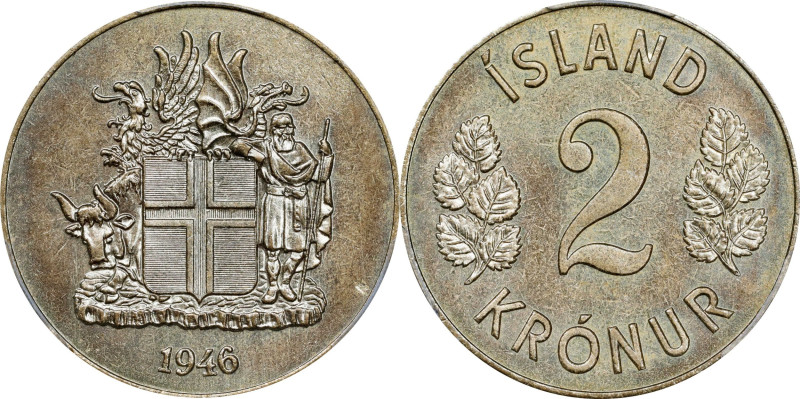 ICELAND. 2 Kronur, 1946. PCGS SPECIMEN-65.
KM-13. This Gem quality 2 Kronur is ...