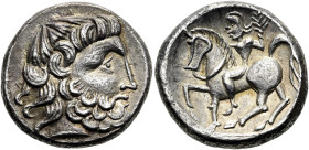 MITTLERE UND UNTERE DONAU. PHILIPP II. - NACHAHMUNGEN. Zweigarm. Tetradrachme ø 23mm (12.45g). ca. 200 v. Chr. Vs.: Bärtiger Kopf des Zeus n. r. Rs.: ...