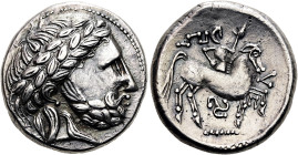 MITTLERE UND UNTERE DONAU. PHILIPP II. - NACHAHMUNGEN. Puppenreiter mit Triskeles. Tetradrachme ø 25mm (13.07g). 2. - 1. Jh. v. Chr. Vs.: Stilisierter...