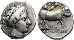 KAMPANIEN. NEAPOLIS. Didrachme ø 21mm (7.42g). 350 - 325 v. Chr. Vs.: Kopf der Parthenope mit breitem Haarband n. r. Rs.: ΝΕΟΠΟΛΙΤΗΣ, Nike bekränzt ei...