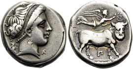 KAMPANIEN. NEAPOLIS. Didrachme ø 20mm (7.32g). 300 - 275 v. Chr. Vs.: Kopf der Nymphe Parthenope n. r., dahinter Artemis mit zwei langen Fackeln laufe...