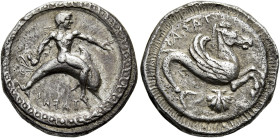 KALABRIEN. TARENT. Didrachme ø 20mm (8.07g). 500 - 480 v. Chr. Vs.: ΤΑΡΑΣ (retr.), Phalanthos mit Tintenfisch in der Rechten auf n. r. springendem Del...