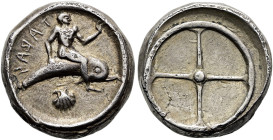 KALABRIEN. TARENT. Didrachme ø 18mm (7.62g). 480 - 470 v. Chr. Vs.: ΤΑΡΑΣ (retr.), Delfinreiter n. r., darunter Kammmuschel. Rs.: Vierspeichiges Rad. ...