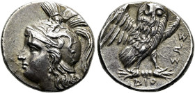 KALABRIEN. TARENT. Drachme ø 17mm (3.27g). 280 - 272 v. Chr. Vs.: Kopf der Athena mit attischem Helm n. l., auf dem Helmkessel Skylla, darunter ΕΥ. Rs...