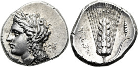 LUKANIEN. METAPONT. Didrachme ø 23mm (7.78g). Um 280 v. Chr. Vs.: Kopf der Demeter mit Ährenkranz n. l. Rs.: META, Kornähre, auf dem r. Halm Spindel. ...