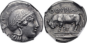 LUKANIEN. THOURIOI. Didrachme ø 21mm (7.89g). 443 - 400 v. Chr. Vs.: Kopf der Athena mit bekränztem attischen Helm n. r. Rs.: ΘΟΥΡΙΩΝ, Stier mit gesen...