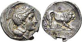 LUKANIEN. VELIA. Didrachme ø 22mm (7.64g). 340 - 330 v. Chr. Vs.: Kopf der Athena mit attischem Helm n. r., auf dem Helmkessel springender Greif, im N...