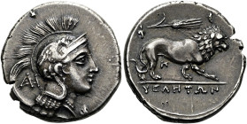 LUKANIEN. VELIA. Didrachme ø 21mm (7.46g). 305/4 - 293/90 v. Chr. Vs.: Kopf der Athena mit geflügeltem attischen Helm n. r., davor Φ, hinter dem Nacke...