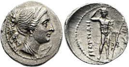 BRUTTIUM. BRETTII. Drachme ø 20mm (4.84g). 216 - 214 v. Chr. Vs.: Drapierte Büste der geflügelten Nike mit Ohrring n. r. Rs.: ΒΡΕΤΤΙΩΝ, nackter Dionys...