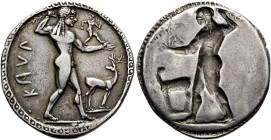 BRUTTIUM. KAULONIA. Didrachme ø 29mm (7.95g). 525 - 500 v. Chr. Vs.: Nackter Apollon mit Kranz n. r. schreitend, die Rechte mit Lorbeerzweig über den ...