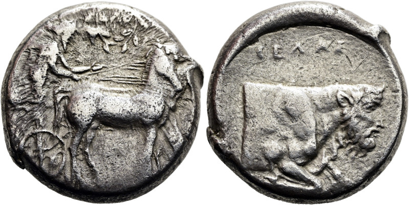 SIZILIEN. GELA. Tetradrachme ø 25mm (16.98g). 430 - 425 v.Chr. Vs.: Quadriga n. ...