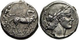 SIZILIEN. KATANA. Tetradrachme ø 24mm (16.73g). 450 - 445 v. Chr. Vs.: Pferdegespann n. r. Rs.: KATANAION, Kopf des Apollon mit Lorbeerkranz n. r. Riz...