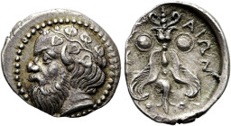 SIZILIEN. KATANA. Litra ø 12mm (0.85g). 410 - 405 v. Chr. Vs.: Kopf eines bärtigen, glatzköpfigen Silens n. l. Rs.: ΚΑΤΑΝΑΙΩΝ, geflügeltes Blitzbündel...