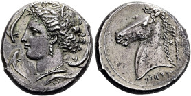 SIZILIEN. SIKELOPUNIER. "Volk des Lagers". Tetradrachme ø 26mm (17.02g). Spätes 4. Jh. v. Chr. Mzst.Entella. Vs.: Kopf der Arethusa mit Schilfkranz, O...