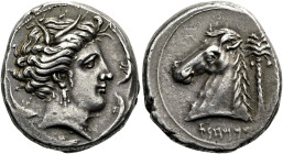 SIZILIEN. SIKELOPUNIER. "Volk des Lagers". Tetradrachme ø 26mm (17.16g). 320 - 310 v. Chr. Vs.: Kopf der Arethusa mit Schilfkranz umgeben von vier Del...