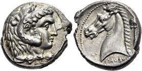 SIZILIEN. SIKELOPUNIER. "Münzstätte der Zahlmeister". Tetradrachme ø 27mm (16.25g). 300 - 289 v. Chr. Vs.: Kopf des Herakles Melkart mit Löwenskalp n....