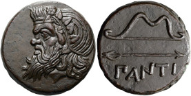 TAURISCHE CHERSONES. PANTIKAPAION. ø 27mm (13.34g). 340 - 325 v. Chr. Vs.: Kopf des bärtigen Pan mit Efeukranz n. l. Rs.: ΠΑΝΤΙ, Pfeil u. Bogen. Mac D...