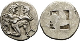 THRAKISCHE INSELN. THASOS. Stater ø 22mm (9.20g). 525 - 463 v. Chr. Vs.: Jugendlicher Satyr, eine widerstrebende Nymphe auf den Armen tragend, im Knie...