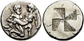 THRAKISCHE INSELN. THASOS. Drachme ø 15mm (3.92g). 435 - 411 v. Chr. Vs.: Bärtiger Satyr raubt Nymphe. Rs.: Vierteiliges Incusum mit granulierten Feld...