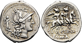 RÖMISCHE REPUBLIK NACH 211 V. CHR. Terentius Lucanus, 147 v. Chr. Denar ø 21mm (3.56g). Mzst.Rom. Vs.: Kopf der Roma mit Greifenkopfhelm n. r., l. wir...