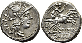 RÖMISCHE REPUBLIK NACH 211 V. CHR. C. Titinius, 141 v. Chr. Denar ø 18mm (3.96g). Mzst.Rom. Vs.: Kopf der Roma mit Greifenkopfhelm n. r., dahinter XVI...