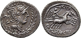 RÖMISCHE REPUBLIK NACH 211 V. CHR. M. Lucilius Rufus, 101 v. Chr. Denar ø 20mm (3.78g). Mzst.Rom. Vs.: Kopf der Roma mit Greifenkopfhelm im Lorbeerkra...