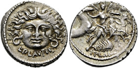 RÖMISCHE REPUBLIK NACH 211 V. CHR. L. Plautius Plancus, 47 v. Chr. Denar ø 19mm (3.86g). Mzst.Rom. Vs.: L PLAVTIVS, Gorgoneion mit Schlangen. Rs.: PLA...