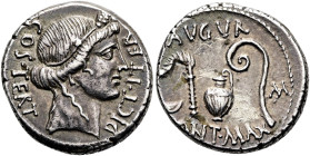 RÖMISCHE REPUBLIK NACH 211 V. CHR. C. Iulius Caesar, 46 v. Chr. Denar ø 18mm (3.99g). Mzst.auf Sizilien? Vs.: DICT ITER - COS TERT, Kopf der Ceres mit...