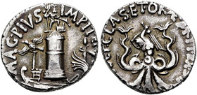 RÖMISCHE REPUBLIK NACH 211 V. CHR. Sextus Pompeius Magnus Pius, 42 - 40 v. Chr. Denar ø 18mm (3.81g). Mzst.auf Sizilien. Vs.: MAG PIVS IMP ITER, Leuch...