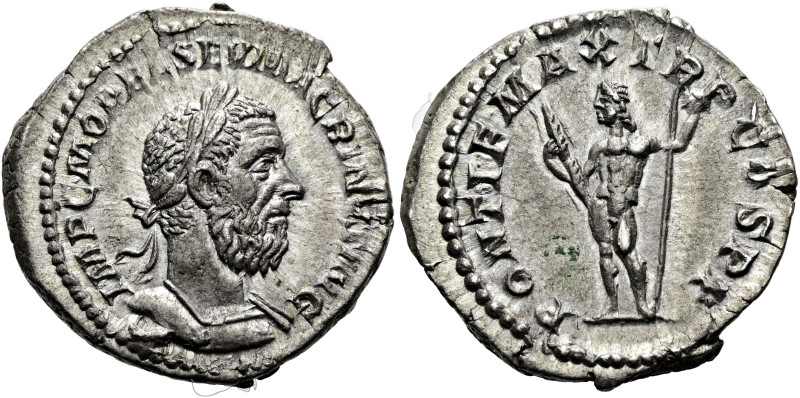 Macrinus, 217 - 218 n. Chr. Denar ø 21mm (3.68g). 217 n. Chr. Mzst.Rom. Vs.: IMP...