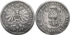 AUGSBURG, Stadt. Guldentaler zu 60 Kreuzern (24.12g). 1574, Augsburg. Mit dem Titel von Kaiser Maximilian II. (1564-1576). Gekrönter und nimbierter Do...