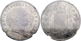 BADEN - DURLACH. Ludwig, 1818 - 1830. Gulden (12.66g). 1825, Mannheim. Stempelschneider Carl Wilhelm Doell. Kopf nach rechts / Altbadischer Wappenschi...