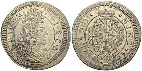 BAYERN. Maximilian II. Emanuel, 1679 - 1726. 15 Kreuzer (1/4 Gulden) (6.03g). 1697, München. Antikisierend geharnischtes und drapiertes Brustbild nach...