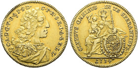 BAYERN. Karl Albert, 1726-1745. Karolin (9.57g). 1734, München. Antikisierend geharnischtes und drapiertes Brustbild nach rechts / Madonna mit Krone, ...