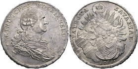 BAYERN. Karl Theodor, 1777 - 1799. Madonnentaler (27.93g). 1778, München. Geharnischtes und drapiertes Brustbild nach rechts, im Armabschnitt Signatur...