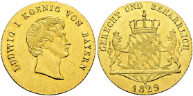 BAYERN. Ludwig I., 1825 - 1848. Dukat (3.49g). 1829, München. Kopf nach rechts / Gekrönter Wappenschild, gehalten von zwei Löwen, darunter Jahreszahl....