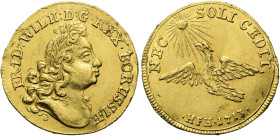 BRANDENBURG / PREUSSEN. Friedrich Wilhelm I., 1713 - 1740. Dukat (3.48g). 1713 HFH, Magdeburg. Belorbeerte Büste nach rechts / Preußischer Adler flieg...