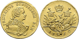 BRANDENBURG / PREUSSEN. Friedrich II., 1740 - 1786. Friedrichsdor (6.65g). 1750 A, Berlin. Geharnischtes und drapiertes Brustbild nach rechts / Adler ...