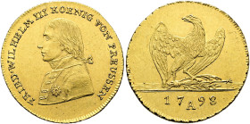 BRANDENBURG / PREUSSEN. Friedrich Wilhelm III., 1797 - 1840. Friedrichsdor (6.67g). 1798 A, Berlin. Uniformiertes Brustbild nach links / Preußischer A...